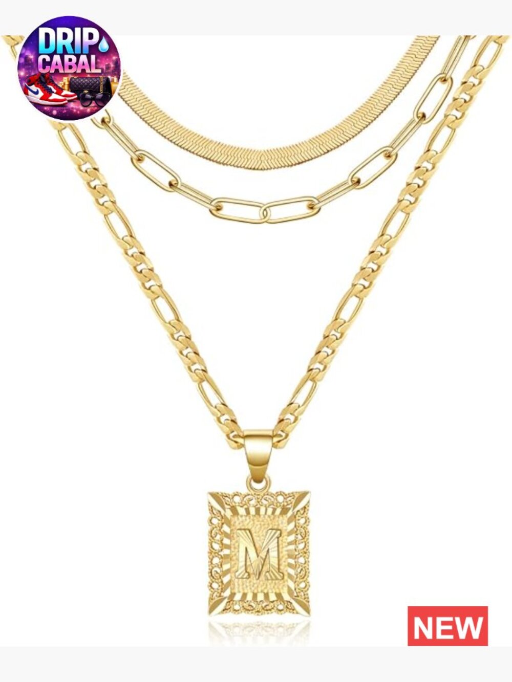 Gold Plated Initial Letter Pendant Necklace Set - Figaro Paperclip Snake Choker
